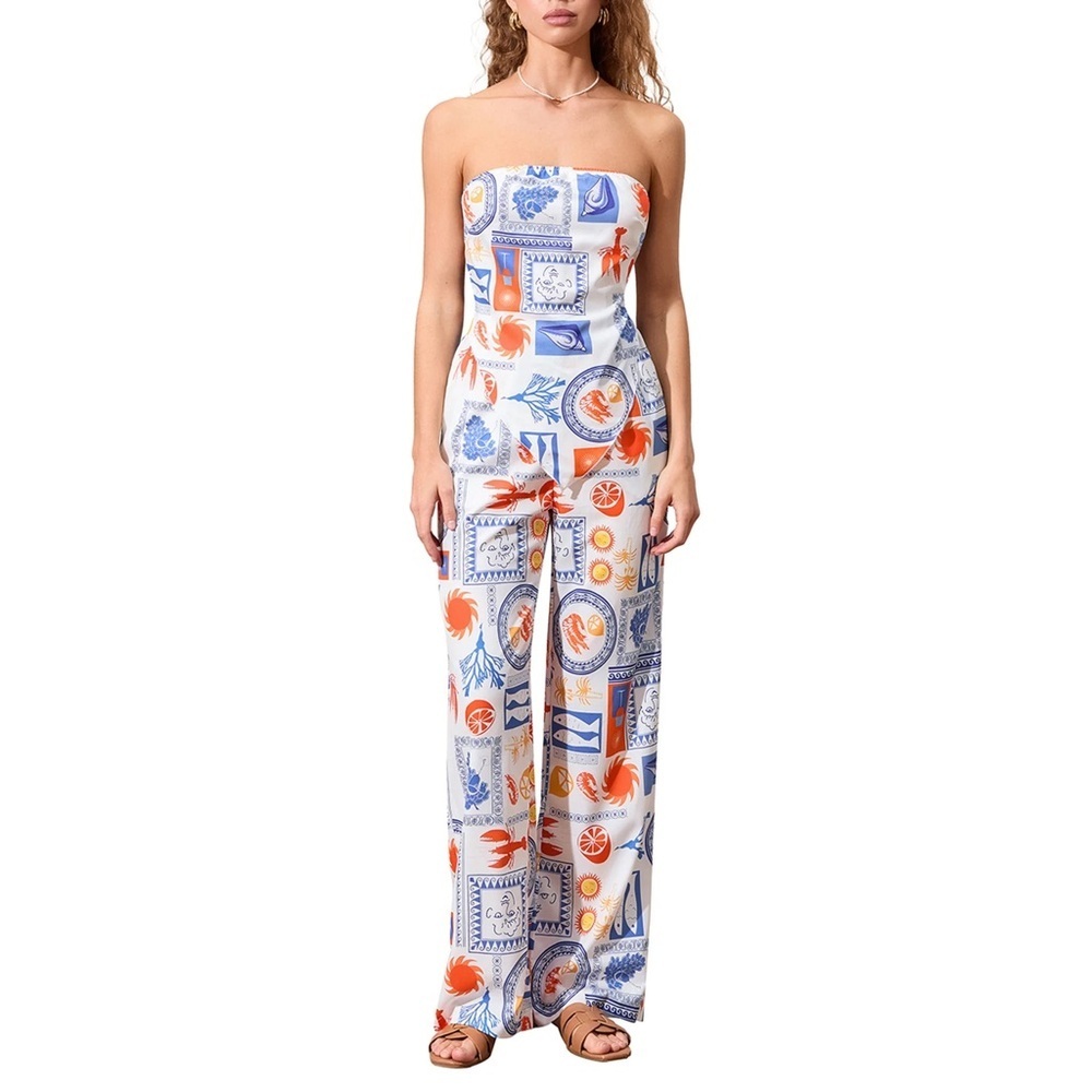 NWOT Mediterranean Print Tie-Back Scarf Top & Wide-Leg Trouser Set
